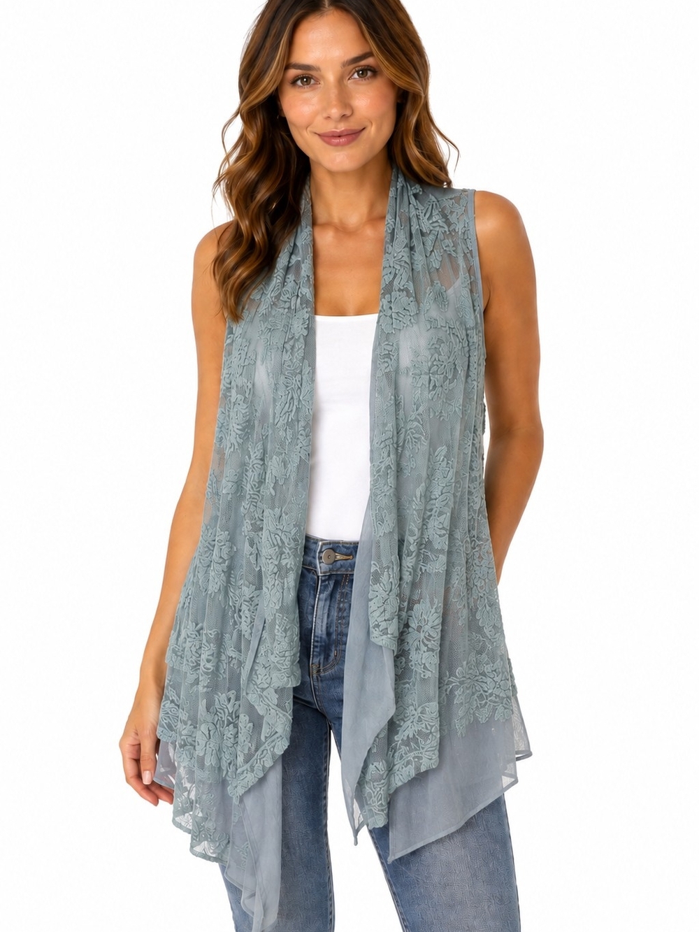Sleeveless Lace Drape Vest Cardigan - Dusty Sage